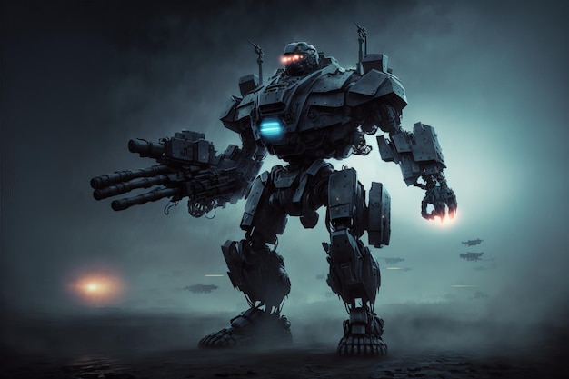 3d ilustracja nocnej sceny walki mecha scifi stojącego we mgle w atakującej pozie z pistoletem szturmowym na ciemnym tle Wojskowy robot samolotu szturmowego z metalową zbroją czołgu