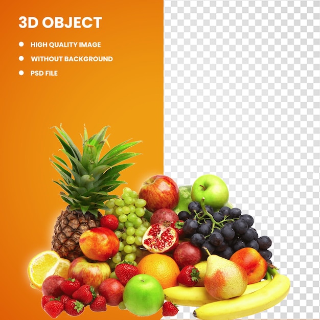 3d Ilustracja o różnorodnych owocach i grupie owoców oraz żywności i owoców