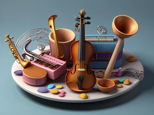 3d ilustracja okrągłego kształtu instrumentów muzycznych z skrzypcami itd. na świętowanie Dnia Muzyki