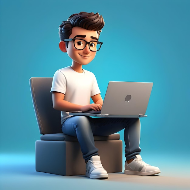 3D ilustracja osoby pracującej z laptopem reprezentującej twórcę treści