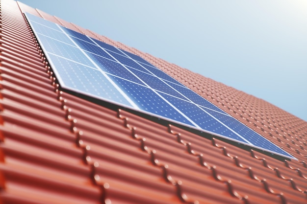 3D ilustracja panele słoneczne na czerwonym dachu domu. Panele słoneczne z odbiciem piękne błękitne niebo. Pojęcie energii odnawialnej. Ekologiczna, czysta energia. Zielona energia. Fotowoltaika Ogniwa słoneczne.