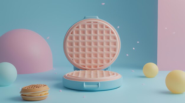 3D ilustracja pastelowego producenta waflów z różowym tłem i żółtymi i różowymi akcentami