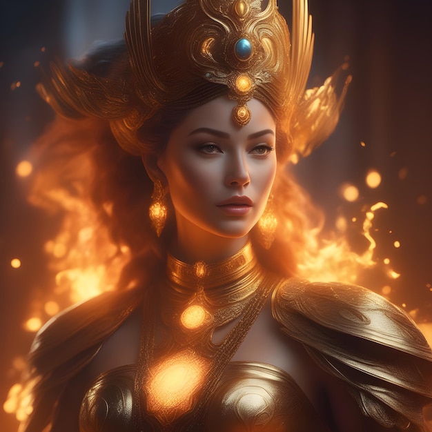 3D ilustracja pięknej kobiety z ogniem w włosach