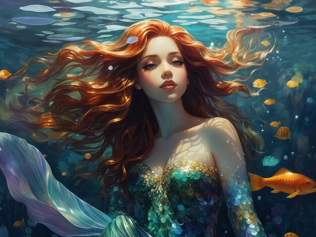 3d ilustracja pięknej rudowłosej dziewczyny z długimi włosami pod wodą Generatywna sztuczna inteligencja