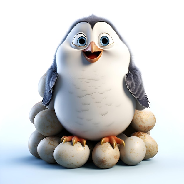 3D ilustracja pingwina siedzącego na gnieździe z jajkami