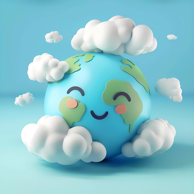Zdjęcie 3d ilustracja planety ziemia z pozytywnymi emocjami trójwymiarowe chmury wokół dnia ziemi