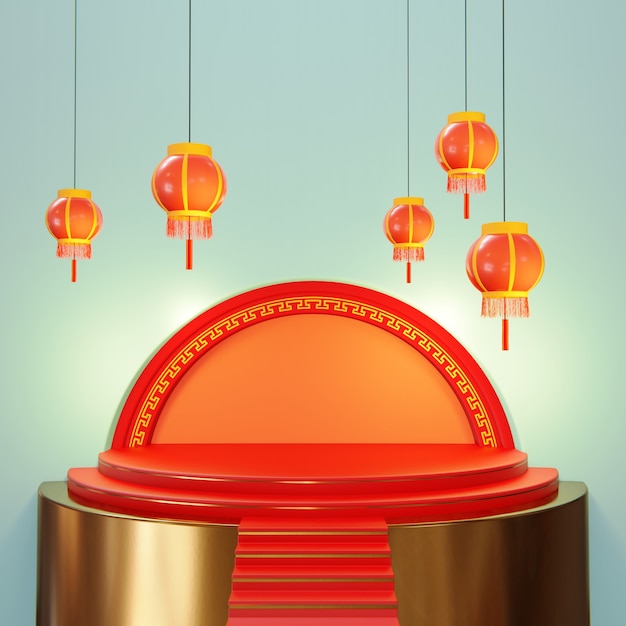 3d ilustracja podium koło z czerwoną tradycyjną chińską latarnią. Tradycyjna ekspozycja produktów.