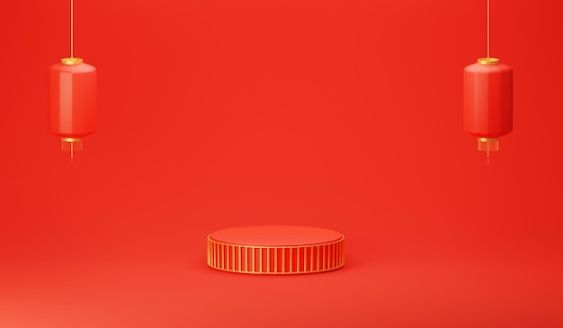 3d ilustracja podium z chińską latarnią szczęśliwego chińskiego nowego roku