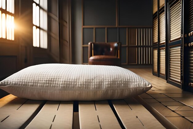 3D ilustracja pokoju z łóżkiem z poduszką na nim.