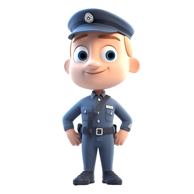 3D ilustracja policjanta z czapką i niebieskim mundurem na białym tle