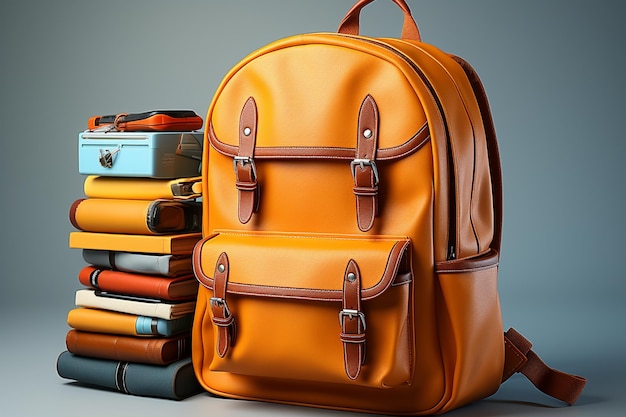 3d ilustracja pomarańczowy plecak z książkami na szarym tle