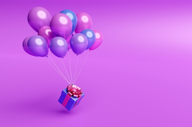 3d ilustracja prezent w pięknym fioletowym opakowaniu satynowa kokardka leci za pomocą podnoszących na duchu balonów na fioletowym tle Zestaw upominkowy z akcesoriami świątecznymi