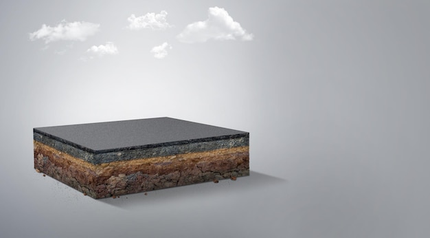 3D ilustracja przekroju geologii ziemi sześciennej gleby na białym tle z asfaltową drogą i chmurami. 3D