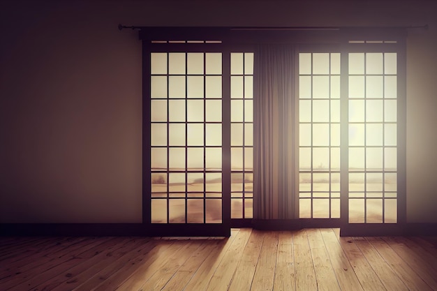 3d ilustracja pustego pokoju i drewnianej podłogi laminowanej ze światłem słonecznym z okna