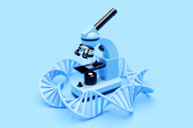 3d ilustracja realistyczny mikroskop laboratoryjny z cząsteczkami DNA bez niebieskiego tła 3d chemia instrument farmaceutyczny mikrobiologiczny instrument powiększający