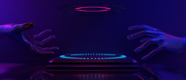 3d ilustracja renderowanie robota ręka technologia futurystyczny cyberpunkowy wyświetlacz gra scifi scena cokół tło gracz transparent znak neon blask stojak podium