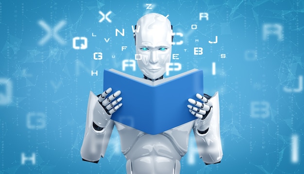 3D ilustracja robota humanoidalnego czytania książki