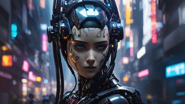 Zdjęcie 3d ilustracja science fiction humanoidalna cyborga zagubiona w futurystycznym cyberpunkowym mieście oświetlonym neonami koncepcja sztucznej inteligencji