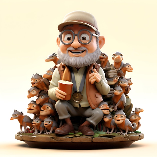 3D ilustracja starca z grupą małp