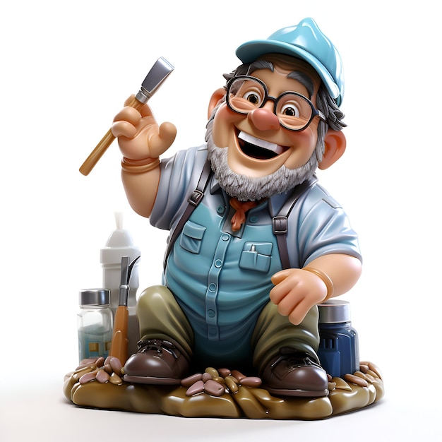 3D ilustracja starszego malarza siedzącego na podłodze z narzędziami