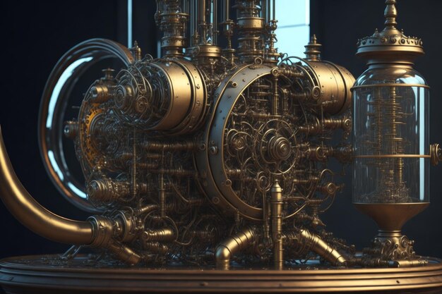Zdjęcie 3d ilustracja steampunkowego mechanizmu obliczeniowego wykonanego z przekładni i kołków zębowych generowanych przez ai