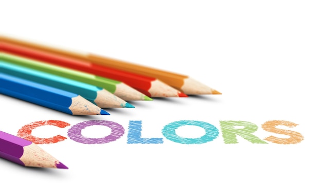 3D ilustracja sześciu drewnianych kolorowych ołówków z kolorami słów na białym tle