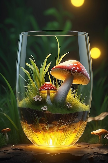 3d ilustracja szkła w boku z grzybem z trawą i żółtym światłem