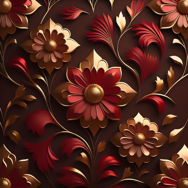 3d ilustracja tapeta kwiatowy bezszwowy wzór czerwony ciemny i złoty