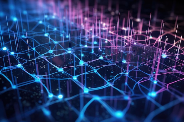 3D ilustracja technologii abstrakcyjne tło Struktura połączenia sieciowego Wizualizacja dużych zbiorów danych Cyberprzepływ dużych danych Pola danych Blockchain Linia sieciowa łączy strumień AI Wygenerowano