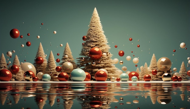 3D ilustracja tła Bożego Narodzenia z choinką i piłkami