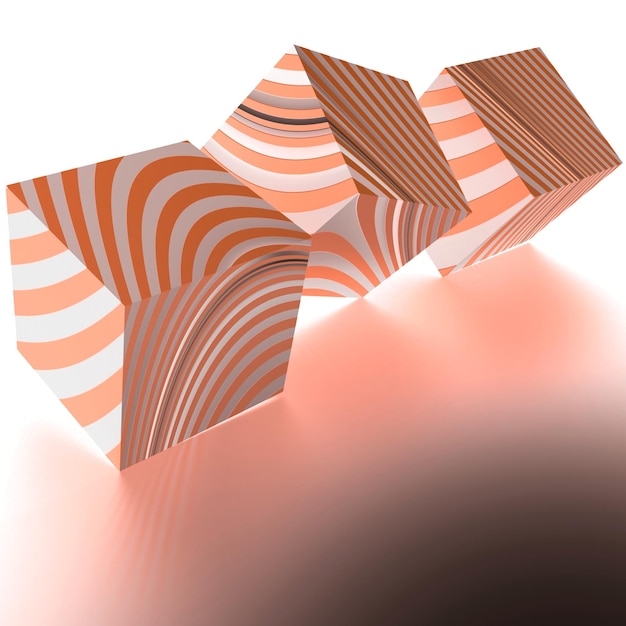 3d ilustracja trzech białych pudełek z pomarańczowymi zakrzywionymi paskami zrównoważonymi na powierzchni odbijającej i w