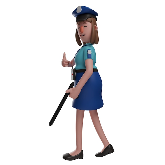 3D ilustracja Urocza 3D Policjantka Karikatura dająca kciuki w górę niosąca kij tonfa