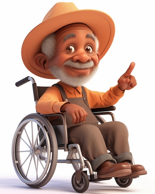 3D ilustracja uroczego starego czarnego mężczyzny na wózku inwalidzkim