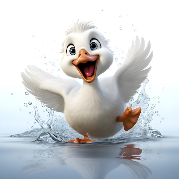 Zdjęcie 3d ilustracja uroczej białej kaczki z rozpryskami wody