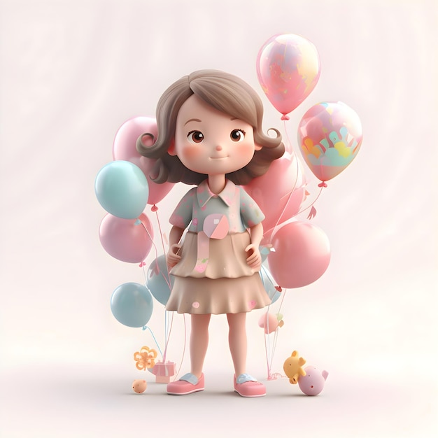3D ilustracja uroczej dziewczynki z balonami i pluszowym niedźwiedziem