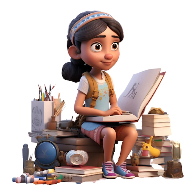 3D ilustracja uroczej dziewczyny z kreskówek siedzącej na stosie książek