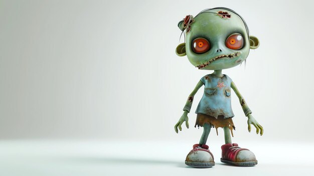 3D ilustracja uroczej i przerażającej dziewczyny zombie ma zieloną skórę czerwone oczy i roztrzaskaną sukienkę