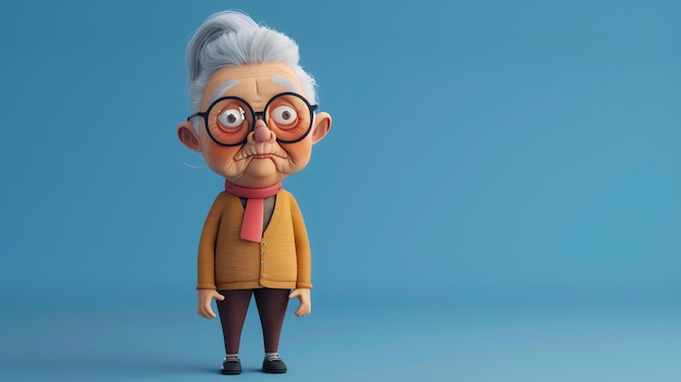 3D ilustracja uroczej starej damy z okularami i czerwonym szalikem Ma na sobie brązowy sweter i czarne spodnie
