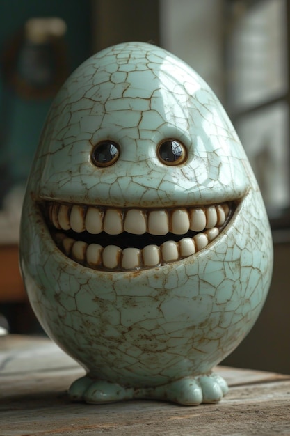3d ilustracja uśmiechniętego jajka z dużymi zębami na stole