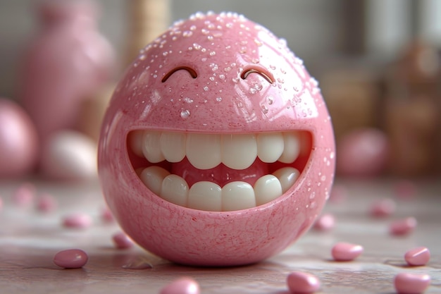 3D ilustracja uśmiechniętego różowego jajka z dużymi zębami na stole