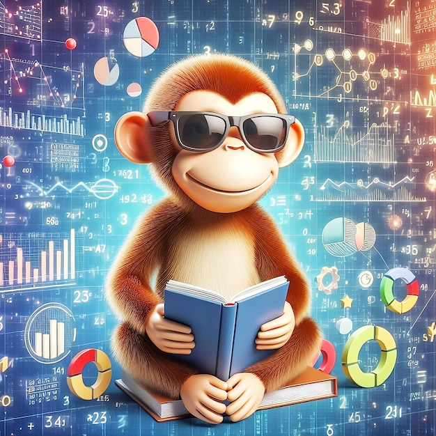3D ilustracja uśmiechu małpy z okularami przeciwsłonecznymi czytająca książkę i rozwiązywająca analizę danych matematycznych