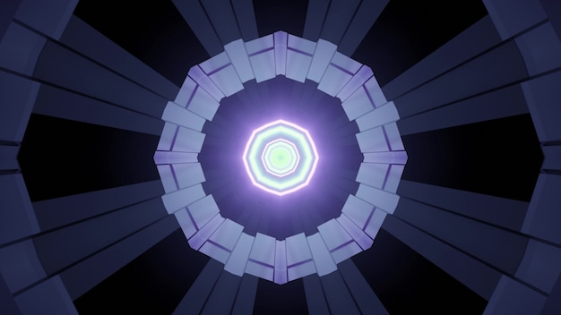 3d ilustracja w niebieskich i fioletowych odcieniach perspektywy tunelu z symetrycznym wielokątnym projektem i świecącymi neonowymi liniami dla futurystycznej koncepcji architektury i technologii