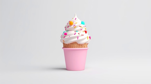 3D ilustracja wielobarwnych słodkich lodów w rożku w stylu wafla. słodkie jedzenie, babeczka, ilustracja generatywna AI