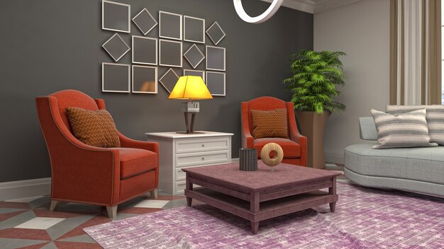 3d ilustracja wnętrza salonu