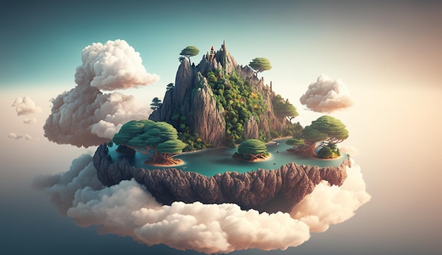 3d ilustracja wyspy nad chmurami generatywną ai