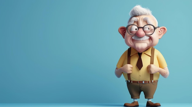 3D ilustracja zabawnego staruszka z podwiązkami i krawatem ma zaskoczony wyraz twarzy i patrzy na kamerę