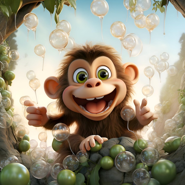 3D ilustracja zabawnej małpy z balonami w lesie