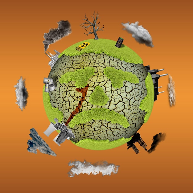3D ilustracja zanieczyszczona planeta Ziemia. Ekologia.