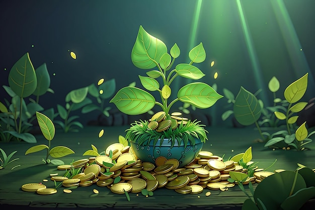 3D ilustracja zielonej kiełki ze złotymi monetami
