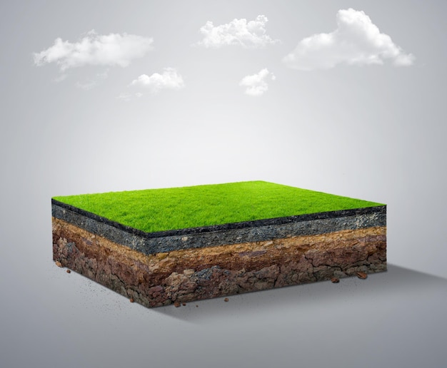 3d ilustracja ziemi sześciennej trawy na białym tle z chmurami. przekrój z glebą. i zielona trawa